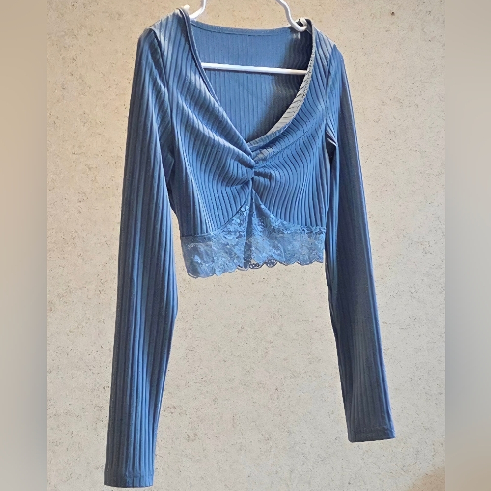 Blue Long Sleeve Crop Top Lace Womens Size S